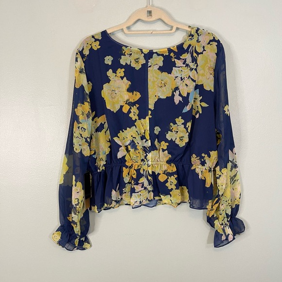 MAREE Blouse 14 Georgette Floral Ruffle Cinch Waist Peplum Long Sleeves Blue NWT - Picture 2 of 9